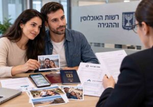 בני זוג מציגים תמונות משותפות, התכתבויות ומסמכים להוכחת כנות הקשר בפני נציגת רשות האוכלוסין במסגרת הליך הסדרת מעמד בן זוג זר בישראל.