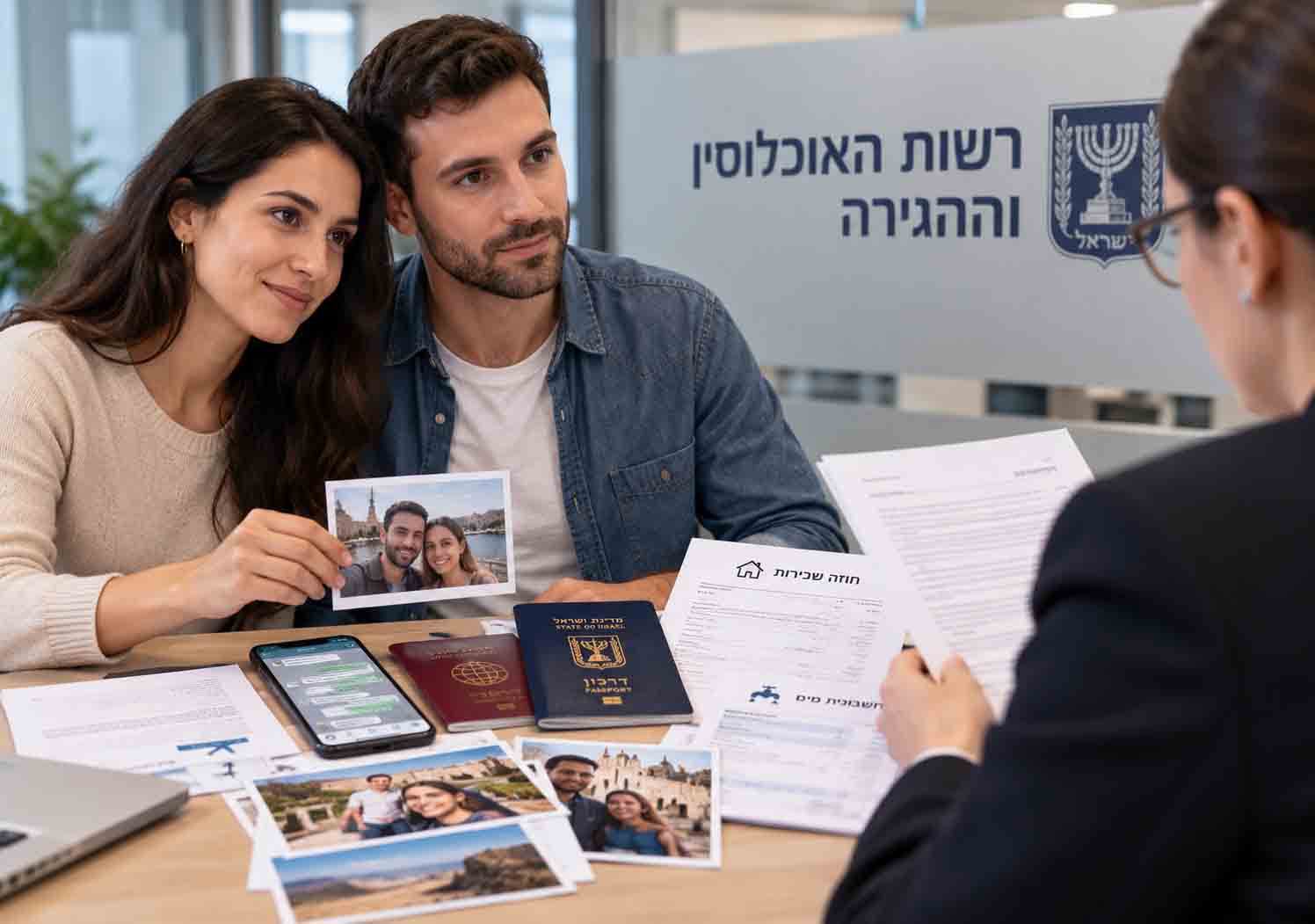 בני זוג מציגים תמונות משותפות, התכתבויות ומסמכים להוכחת כנות הקשר בפני נציגת רשות האוכלוסין במסגרת הליך הסדרת מעמד בן זוג זר בישראל.